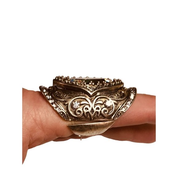 Western Style Full Finger Knuckle Joint Stretch Ring Silver Tone and Rhinestone - Picture 4 of 8